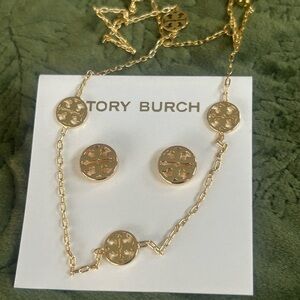 Tory Burch MILLER  Station Necklace & Earrings Set Gold